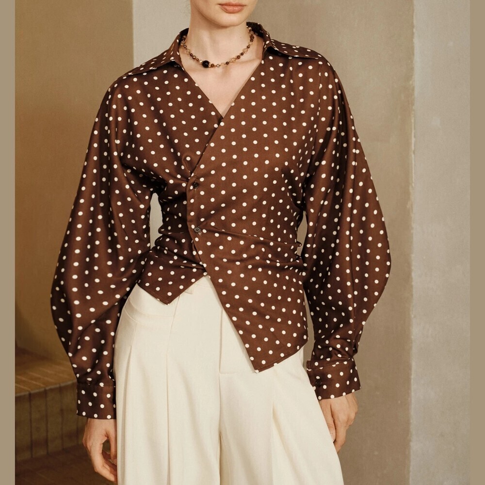 Brown Polka Dot Asymmetric Cinched Wrap Front Collared Blouse